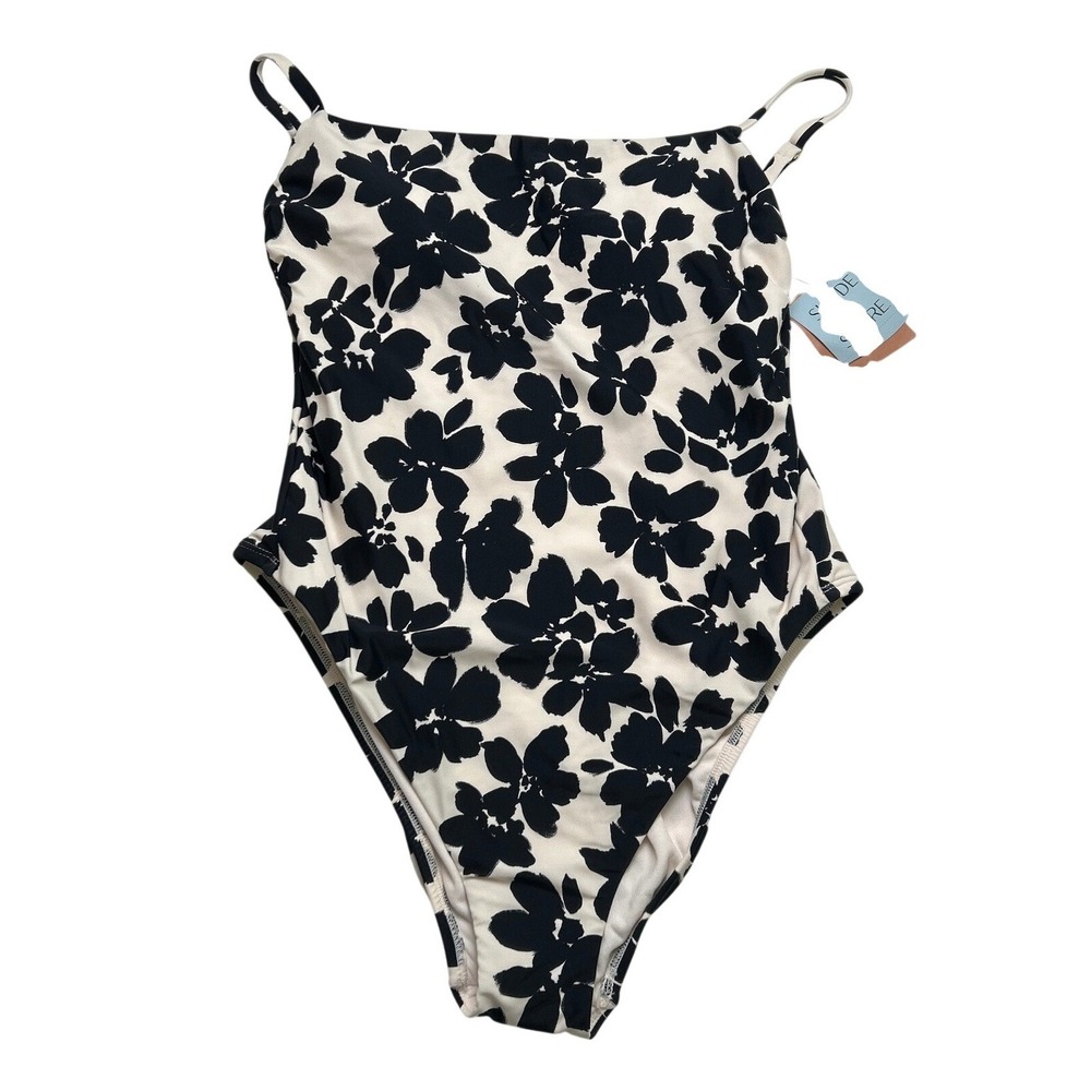 Shade & Shore Womens Floral High Leg One Piece Swimsuit Size L Black Cream NEW